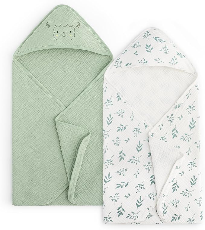 PHF 100% Muslin Cotton Baby Hooded Towels, 2 Pack Bath Towel with Hood for Newborn, Infant, Toddler, Ultra Soft and Absorbent Baby Bath Essentials, Shower Gifts for Boys Girls, 32x32Inch, Leaf
