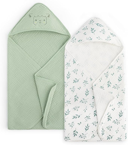 PHF 100% Muslin Cotton Baby Hooded Towels, 2 Pack Bath Towel with Hood for Newborn, Infant, Toddler, Ultra Soft and Absorbent Baby Bath Essentials, Shower Gifts for Boys Girls, 32x32Inch, Leaf
