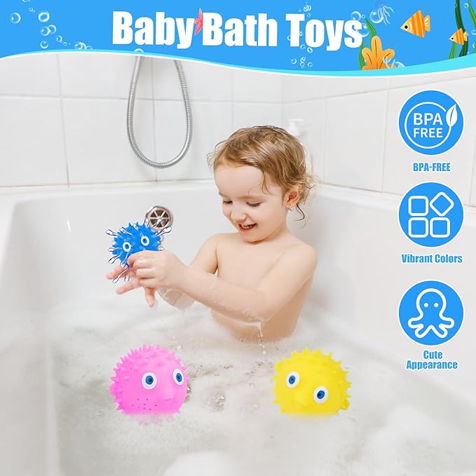 uvitaya 4 PCS Pufferfish Water Balls, Sensory Stress Relief Floating Pool Toys for Kids, Water Splash Balls Toddler Swim & Bath Toys, Christmas Goodie Bag Fillers for Babies