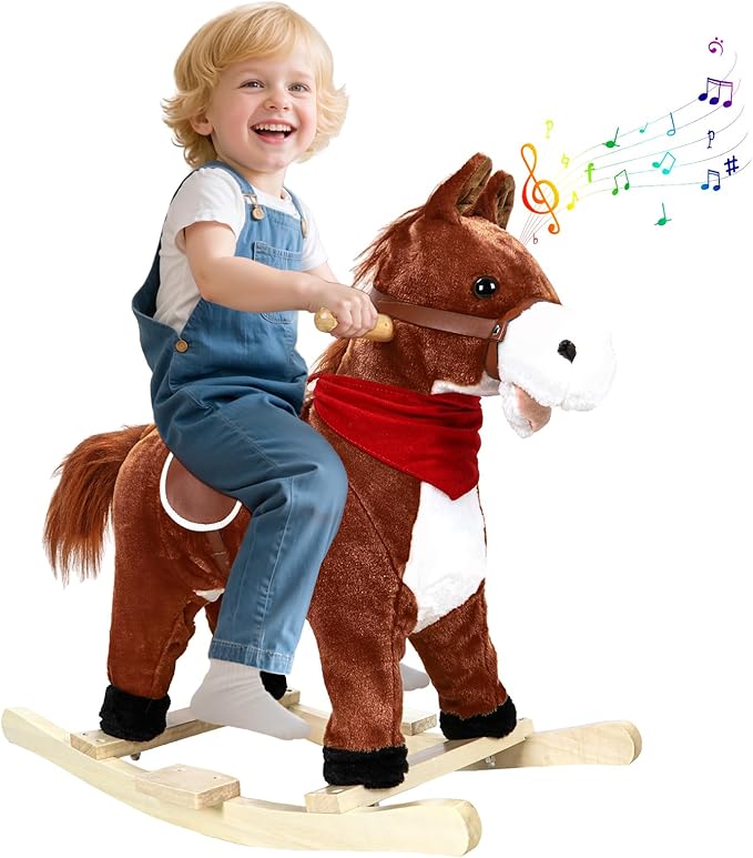 Rocking Horse for Toddlers Ages 1-6, Plush Ride On Toy with Sounds Moving Mouth & Wagging Tail, Interactive Wooden Rocker for Kids, Baby Rocking Chair Toys up to 120kg (Dark Brown Small)