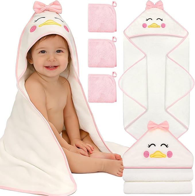 Flasoo 4 PCS Baby Towels Set, Soft Baby Towels and Washcloths Set, 1 Hooded Baby Towel and 3 Baby Washcloths for Newborns, Toddlers, and Kids, 32x32 Baby Towel with Hood for Boy and Girl (Pink Duck)
