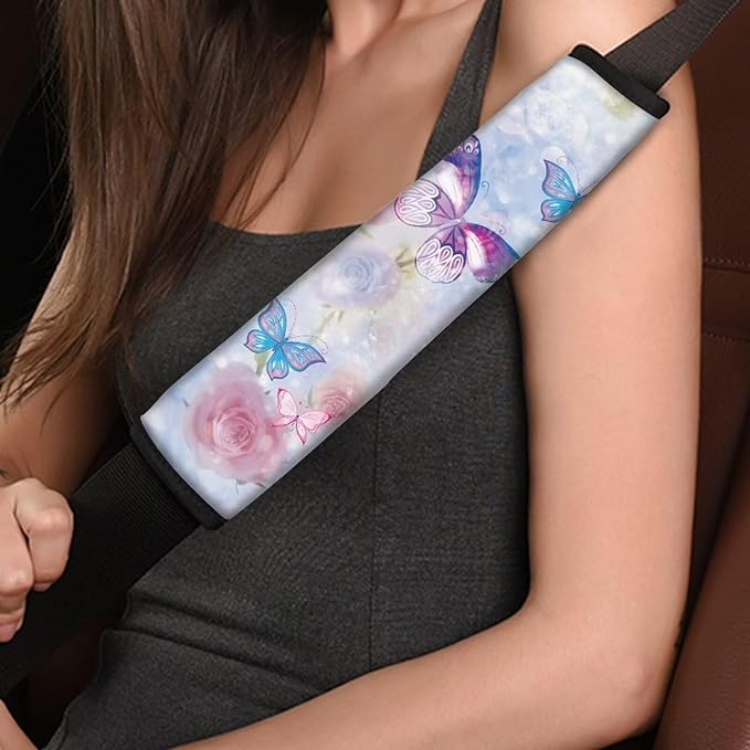 Rose Seat Belt Cushion Shoulder Strap Butterfly Car Seat Belt Holder 4 Piece Set Universal Flower Car Anti-Slip Shoulder Belt Protector for Cars Trucks SUVs Airplanes