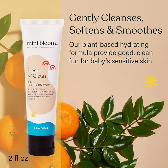 Mini Bloom Fresh N’ Clean 2-in-1 Hair + Body Wash Shampoo Sulfate-Free Baby & Kid Safe Aloe leaf, Chamomile extract, Lavender & Botanicals - Travel Size