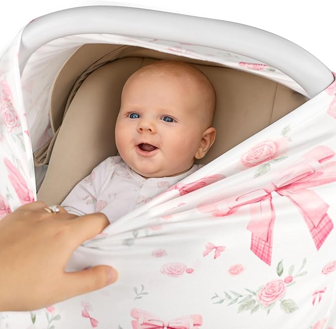 Car Seat Cover Baby Girls, All-in-1 Carseat Canopy for Babies, Multi-Use Infant Carrier Cover, Stroller Sun Shade, Nursing Breastfeeding Cover, Comfortable and Machine Washable, Pink Rose