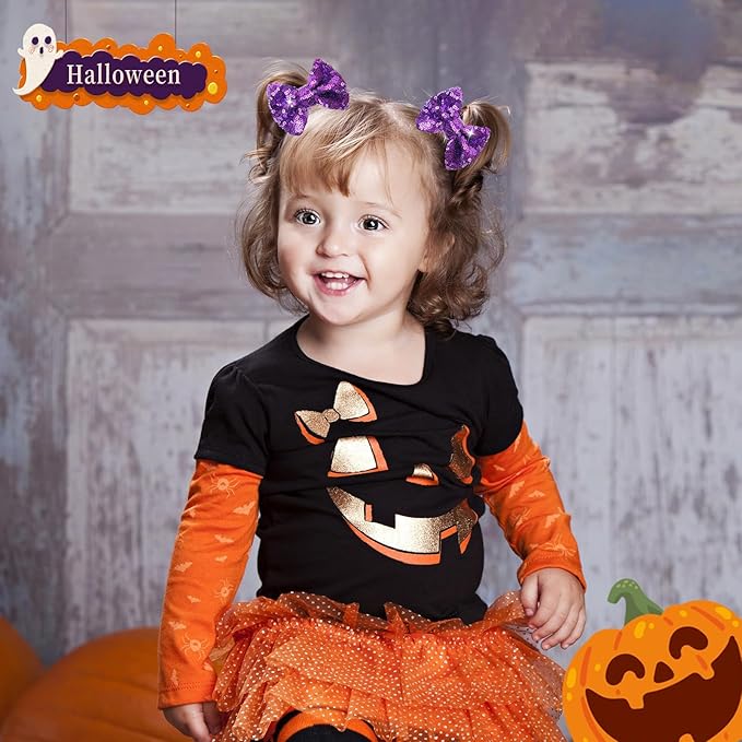 Halloween Hair Bows Clips Orange Sequins Alligator Hair Clips Bows for Girls Purple Glitter Barrettes Little Bow Hairpins Toddler Teens Sparkly Hair Accessories for Kids Teens Gift