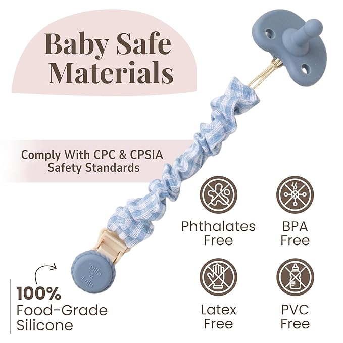 Muslin Cotton - Metal-Free Pacifier Clips, Lightweight and Secure Pacifier Holder for Babies (Ocean Bleu) - Mila & Lulu