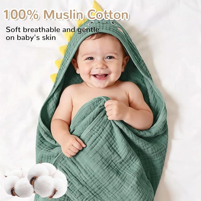 4 PCS Muslin Baby Bath Towels Set, 100% Cotton 2 PCS Animal Hooded Baby Towels 32x32 Inch & 2 PCS Washcloths, Ultra Absorbent & Soft Infant Newborn Essentials Gifts for Boys & Girls, Dinosaur & Bear