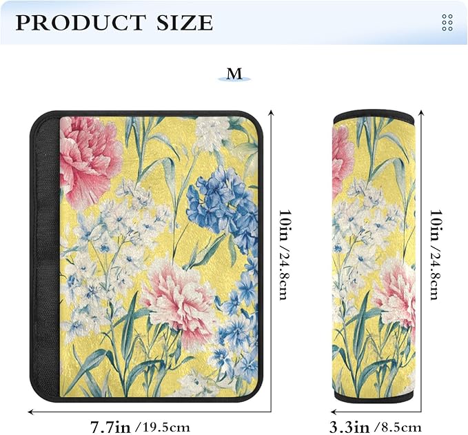 Car Seat Belt Pads Covers Set of 2 Breathable Backpack Shoulder Strap Pad Cover for Women Men Kids M Florals Carnation Delphinium Flower Yellow