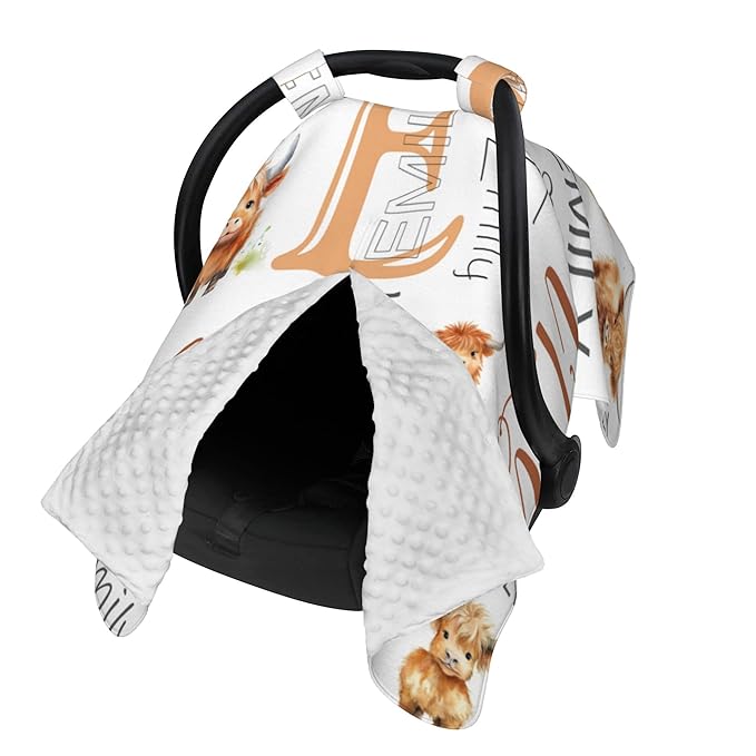 Personalized Baby Car Seat Canopy with Name Custom Minky Highland Cow Car Seat Covers Nursing Cover for Breastfeeding Multi-Use Cover Infant Carrier Carseat Winter Cover for Newborn Girls Boys