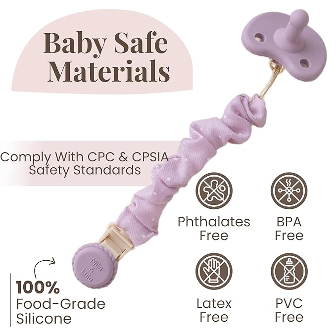 Muslin Cotton - Metal-Free Pacifier Clips, Lightweight and Secure Pacifier Holder for Babies (Mauve Muse) - Mila & Lulu