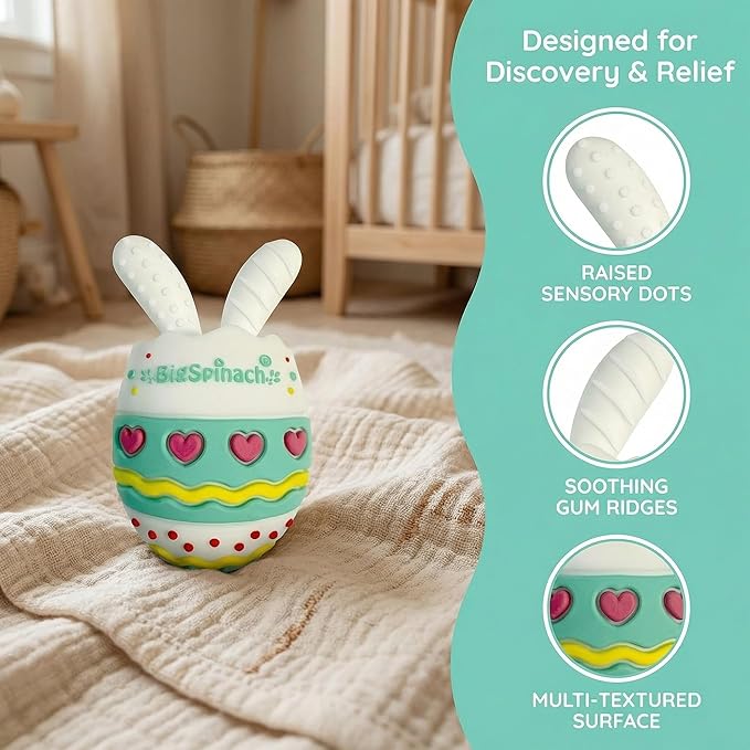 BIGSPINACH Easter Egg Baby Teether,Baby Teething Toy for Pain Relief,Silicone Bunny Rabbit Teether,Easter Gift for Babies,Sensory Toy for Boys & Girl (Light Green)