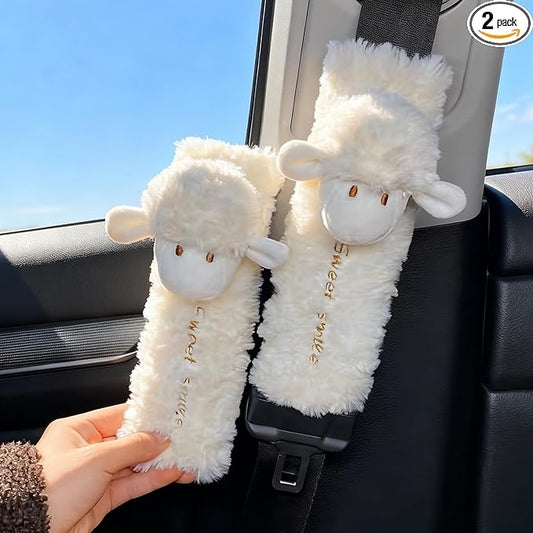 2 PCS Seat Belt Cover Pad, Cute Kawaii Animal Sheep Seatbelt Covers for Kids and Adults, Winter Plush Fluffy Soft Seat Belt Cover, Cartoon Seatbelt Cushion,Car Seat Strap Pads (G-Sheep)