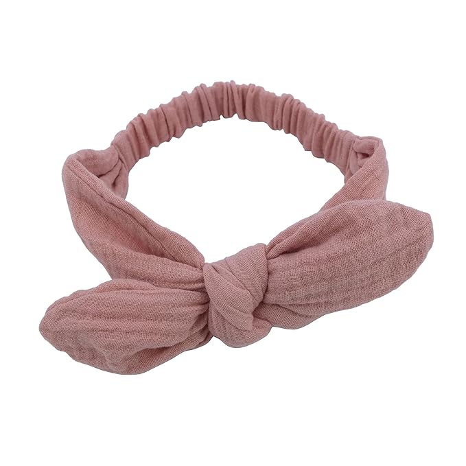 Sugarmelon Original Cotton Gauze Headband for Newborn Toddler Infant Baby Girl Kids Muslin Cotton Hair Bow Headbands Turban Elastic Hair Bands (2 pcs Dusty Pink)