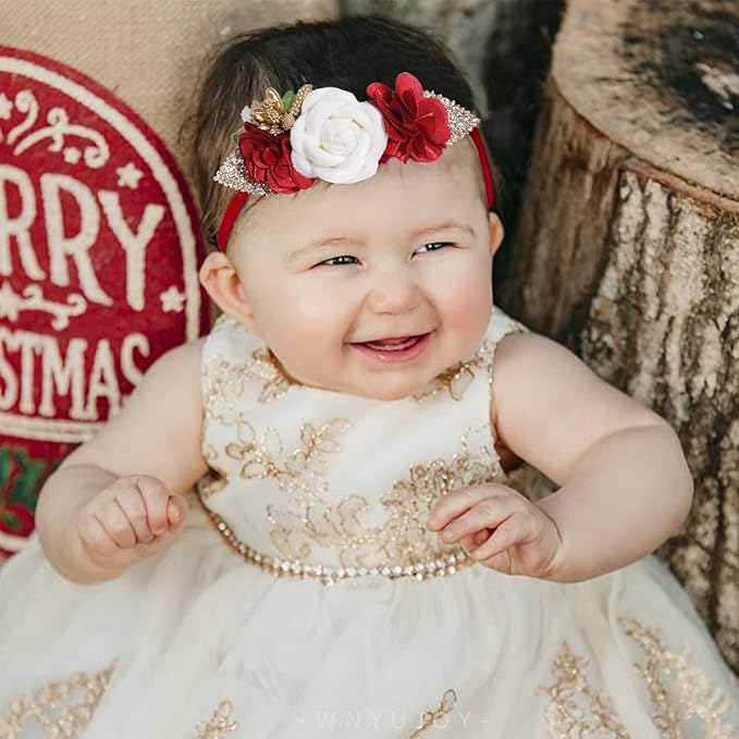 Baby Girl Flower Headbands for Christmas, 3pcs Elastic Nylon Floral Hair Band, Bows Wrap for Infant Newborn Toddler