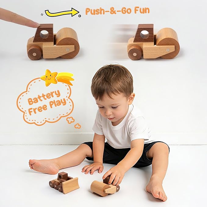Wooden Toy Cars for 3 Year Old Boys & Girls - Construction Vehicles Set Push Toys for Toddlers, Wood Montessori Car with Rolling Wheels, Natural Wood Toys (Bulldozer & Road Roller)