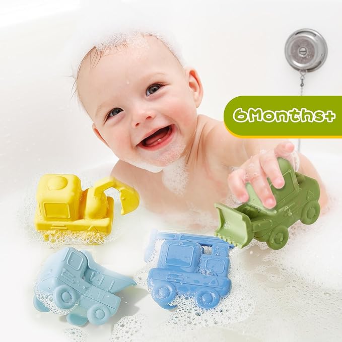 Mold Free Bath Toys 4 Pack Silicone Car Bath Toys - Truck & Construction Toys | Detachable, Squeezable & Floating Toddler Bath Toy | Bathtub Water Pool Toys for Toddler Gifts