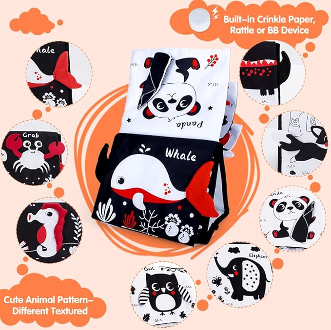 Black and White Baby Books for Newborn, Tummy Time Mirror, Baby Mirror Infant Toys with Soft Cloth Book, High Contrast Baby Toys, 3D Activity Crinkle Pages Sensory Tummy Time Toys for Babies