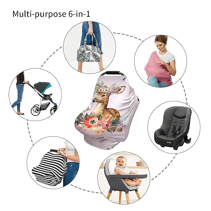 Personalized Deer Baby Car Seat Cover with Name,Multi-Use Canopy for Nursing, Strollers,Shopping Carts,Customized Breastfeeding Cover, Full Privacy,Infant Stroller Cover