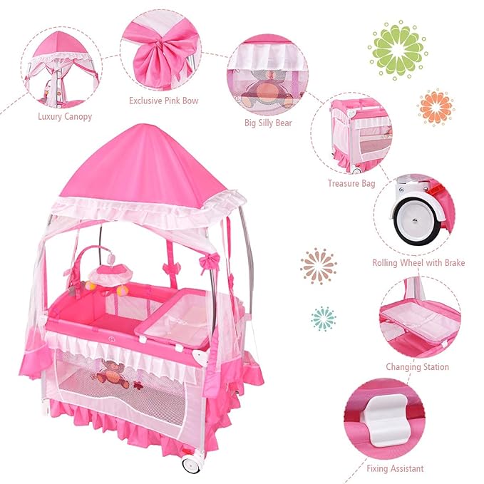 INFANS 4 in 1 Pack and Play, Portable Nursery Center Playard with Bassinet, Adjustable Canopy, Mattress, Diaper Changer, Carry Bag, Whirling Toys Music Box for Baby Boy Girl (Pink)