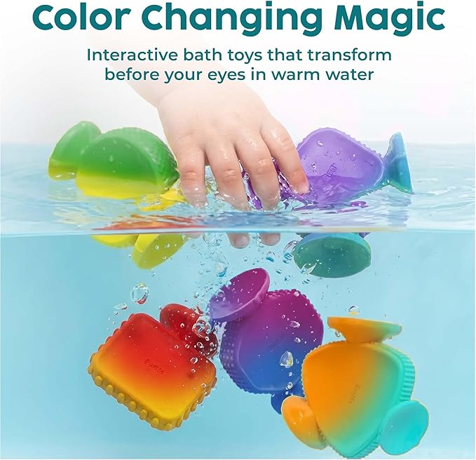 BUNMO Big Shapes Color-Changing Textured Suction Bath Toys for Toddlers 1–3 (10 Pack), Extra Large Silicone Bathtub Toys, BPA-Free Suction Cup Toys, Bath Toys for Kids Ages 1+, Sensory Bath Toys