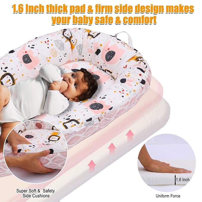 Baby Lounger - Baby Lounger for Newborn, 0-24 Months, Reversible Adjustable Newborn Lounger Baby Nest for Home and Travel, 100% Organic Cotton Washable Infant Lounger Cover, Essential Baby Gift (Pink)
