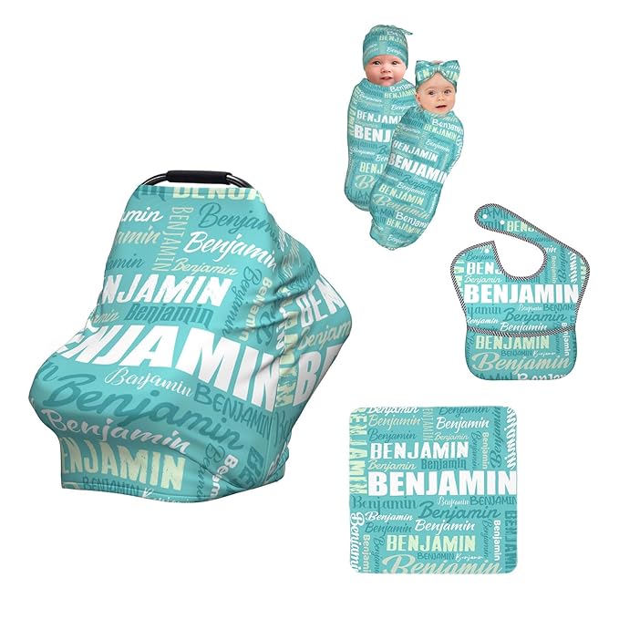 Personalized Baby Car Seat Cover for Boys Girls, Custom Monogram Nursing Covers for Breastfeeding with Name, Infant Stroller Cover, Optional Baby Bib, Baby Swaddle Set for Newborn Infant