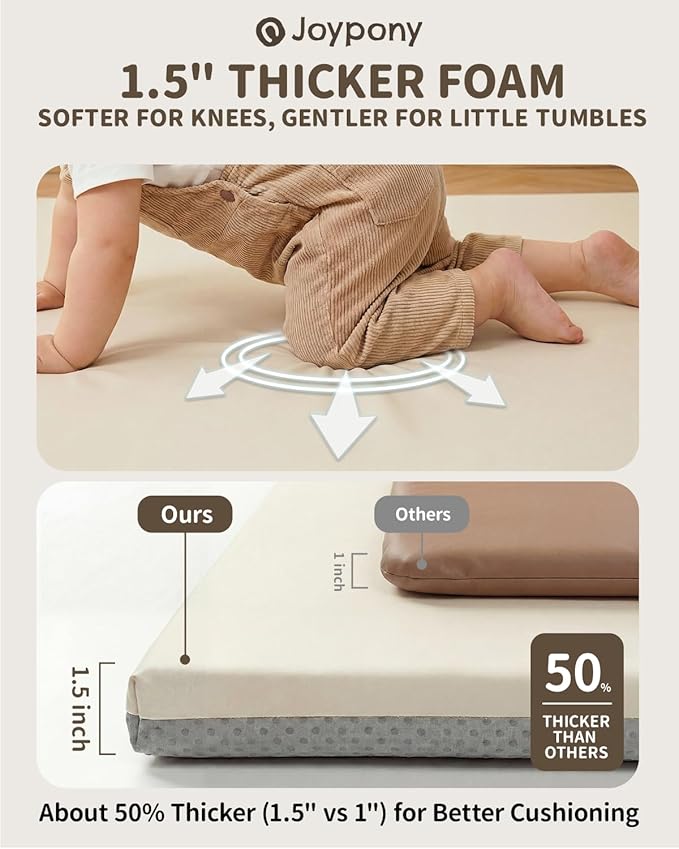 Joypony Baby Play Mat for Floor 50x50, 1.5” Thick Vegan Leather Crawling Mat with Removable Cover, Waterproof Playpen Mat for Infants and Toddlers, Wipe-Clean Kids Playmat, Cream