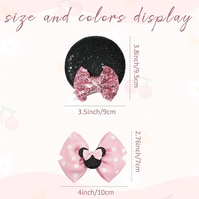 2 Pairs Pink Mouse Ears Hair Clips & Mouse Hair Bows Barrettes for baby Girls Accessories Birthday Party Decorations Gift