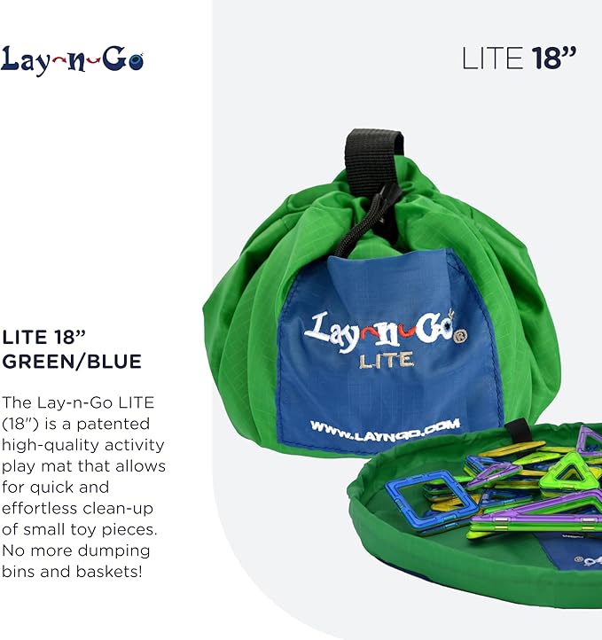 Lay-n-Go Layflat Portable Drawstring Cinch Storage Toy & Mini Figures Organizer & Play Mat, Mesh Pockets, Home & Travel, Kids & Toddlers Playdates, 2 Straps for Backpack, Durable, Machine Washable