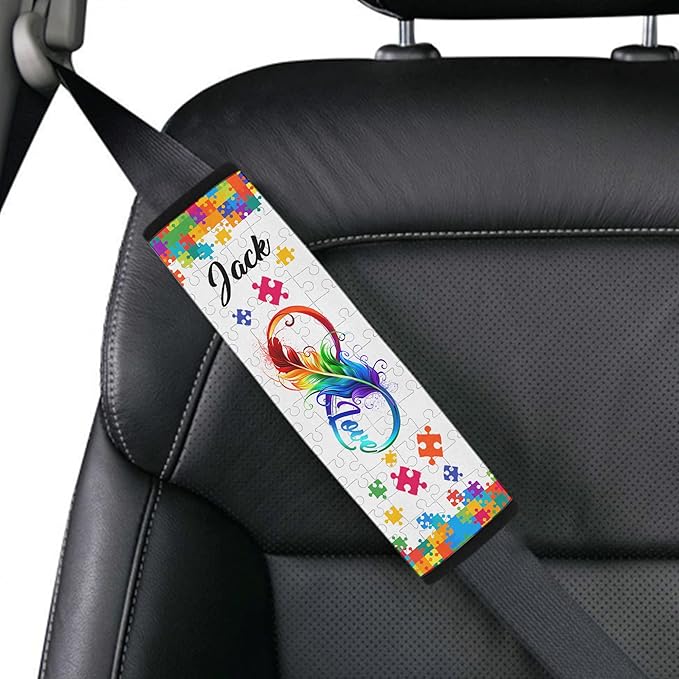 Colorful Love Autism Awareness Seat Belt Cover for Kid Family Special Need Autistic Medical Alert Car Cushion Cover Support Autism Gift Personalized Name 35