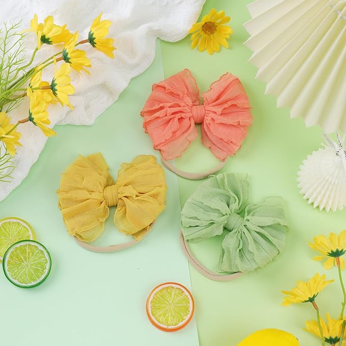 Lace Big Bows Baby Headbands Elastic Hairbands Hair Bows Children Soft Hair Accessories Newborn Infant Toddlers Yellow Peach Light Green 3 PCS