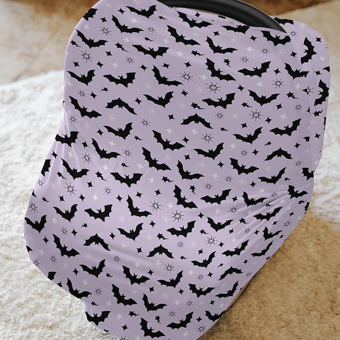 Purple Pastel Halloween Baby Car Seat Covers Black Bat and Stars Stretchy 5-in-1 Cover Adjustable Infant Carseat Canopy Cover Spooky Halloween Night Breathable Nursing Cover-Up