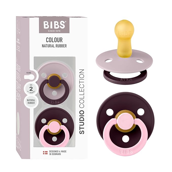 BIBS Colour Studio Pacifier 2-Pack, BPA Free, Round Nipple. Natural Rubber Latex, Made in Denmark, Size 2 (6-18 Months) - Dusky Lilac/Plum