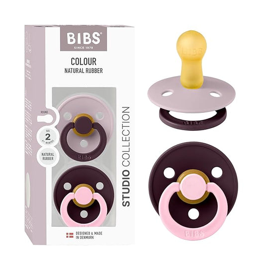 BIBS Colour Studio Pacifier 2-Pack, BPA Free, Round Nipple. Natural Rubber Latex, Made in Denmark, Size 2 (6-18 Months) - Dusky Lilac/Plum