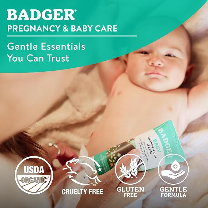 Badger Baby Diaper Rash Cream, Zinc Oxide Diaper Cream for Babies, Natural Skin Barrier Cream with Organic Sunflower Oil & Beeswax, 2.9 fl oz
