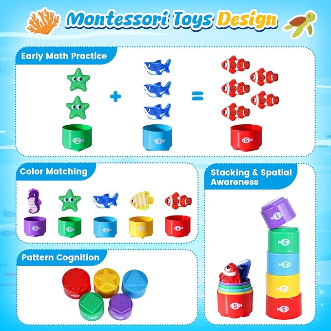 LovesTown Montessori Toys for Toddlers, Baby Sensory Toy Color Sorting Game Travel Essentials Preschool Learning Activities Cloth Fishing Games with Stacking Cups Boys Girls Gifts