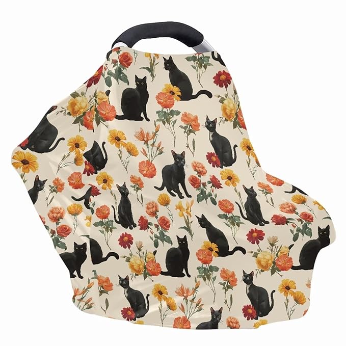 AFPANQZ Black Cat Floral Soft Baby Car Seat Canopy Nursing Cover Breastfeeding Scarf Shopping Cart Covers Stroller Sunshade High Chair Cover Car Seat Covers for Girls and Boys Breathable