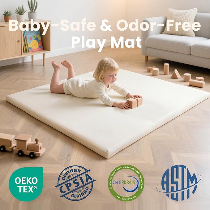 Huloo Sleep Baby Play Mat 50x50 Inches,1.3" Thick Padded Waterproof Floor Cushion & Playpen Mat with Vegan Leather,Non-Slip & Non-Toxic Nursery Rug for Infants, Toddlers & Kids(Cream)