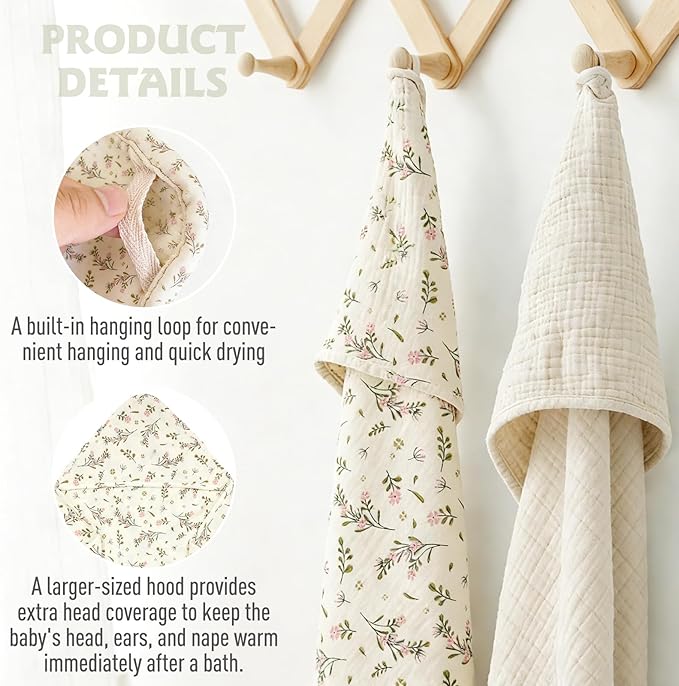 Cinaci 1pc Soft & Absorbent 100% Muslin Cotton Baby Hooded Bath Towel for Baby Girls Boys Newborns Infants Toddlers Kids (Floral Cream)