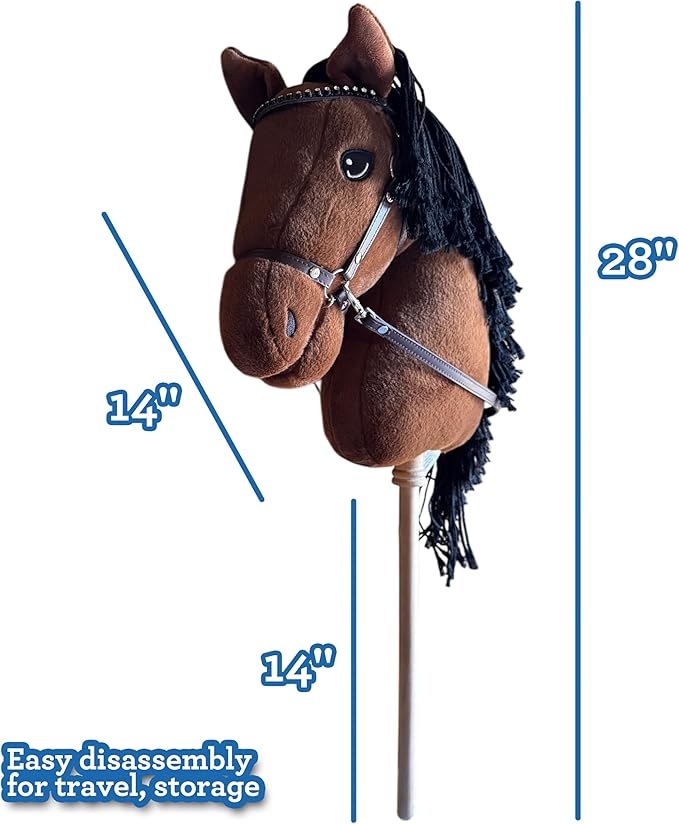 Playful Minds Large Hobby Horse for Kids and Adults – Show Quality with Rhinestone Studded Bridle, Removable Reins, and Long Mane – Plush Handmade Tournament Stick Horse (Bay (Brown))