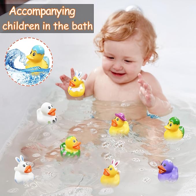 24Pcs Easter Ducks,Mini Rubber Ducks for Kids,2 Inch Bunny Duckies Bath Toys for Easter Party Favors Supplies Decoration,Classroom Exchange Prizes Gifts