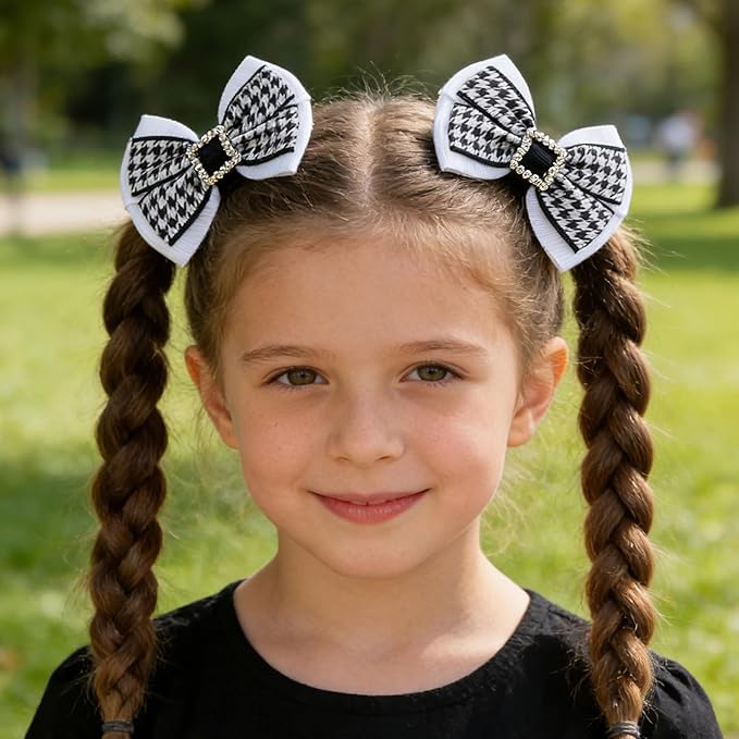 2PCS Baby Girl Dog Gift Wrap Hair Bow Clips Barrettes Houndstooth Hair Bow Clips with Rhinestone Buckle Black and White Fabric Bow Hair Accessories for Little Girls Toddler Kids Teens