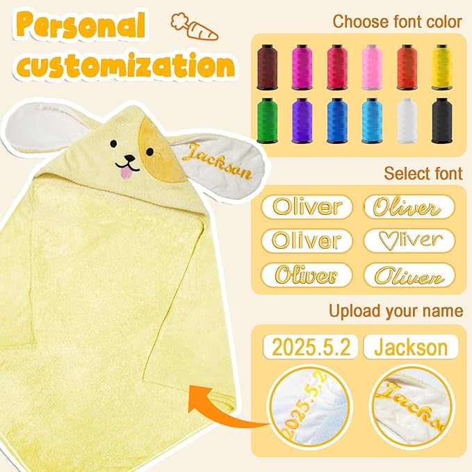 Custom Hooded Baby Towels with Name, Personalized Bunny Easter Gifts for Toddlers, Custom Baby Bath Towels for Newborn, Ultra Soft and Absorbent, Ideal for Girl Boy (Dog)
