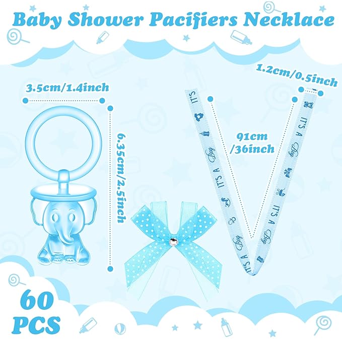 Tondiamo 60 Pcs Baby Shower Pacifiers Elephant Necklace Acrylic Baby Shower Party Favors with Cute Rhinestone Bows for Gender Reveal Party Decoration Table Scatter(Blue)