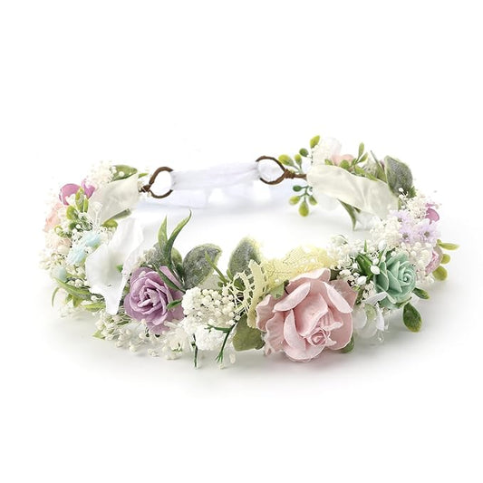 Toddler Flower Crown for Girls 1st Birthday Party Headpieces Pink Purple Baby Headband Hair Wreath with Baby's Breath Photo Prop (Spring Color)