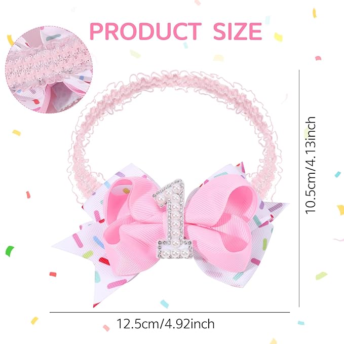 Hair Bows for Baby Girls Birthday - 1st Birthday Baby Girl Headband Sweet Theme with Ice Cream Party, Pink Hair Accessories for Baby Toddler 1 2 3 4 5 6 Years, Outfit & Decorations