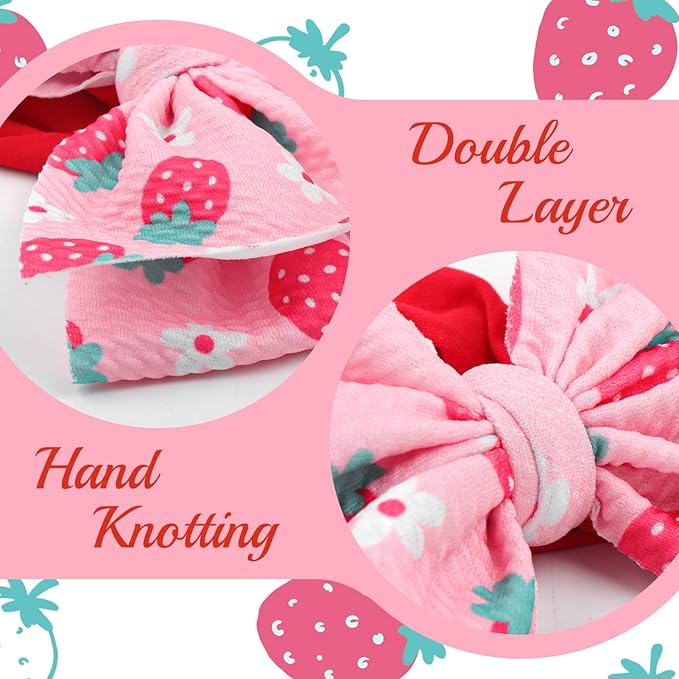 3 Pcs Baby Girl Headbands 6’’ Pink Bows Strawberry Hair Accessories Summer Outfits for Newborn Infant Toddler Girls Clothes