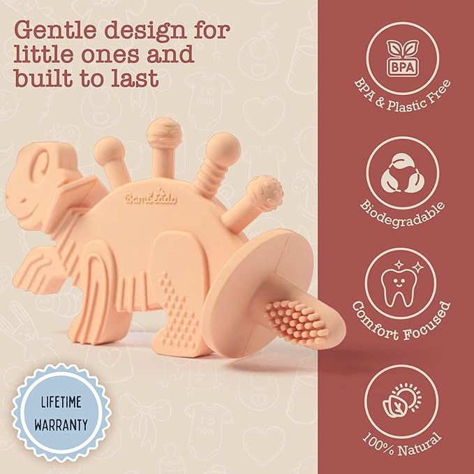 Bambeado Dibly Baby Teething Toy - Made with Natural Rubber & Amber Elements - Gentle Support, Easy to Hold, Simple to Clean - Cute Dinosaur Teether Toy - Alternative to Amber Teething Necklace Pink