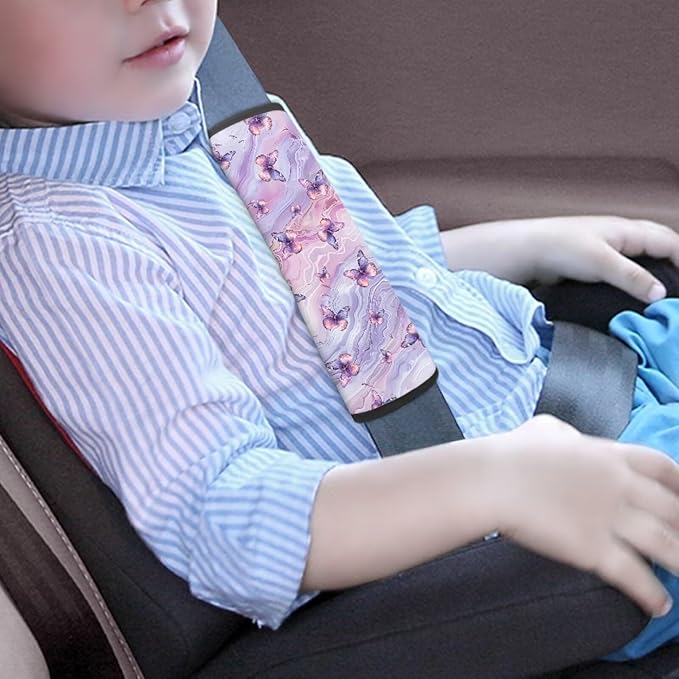 Biyejit 2PCS Seat Belt Cover for Kids, Marble Butterfly Print Car Seat Belt Pads Cover for Girls and Boys, Kid's Seat Belt Cushion, Shoulder Strap Pad