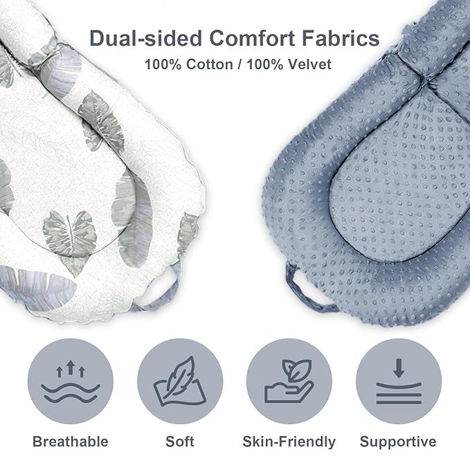 Baby Lounger, 3-in-1 Portable Infant Lounger for Newborns 0-24 Months, Foldable Tummy Time Pillow and Sitting Seat with Removable Cover, Dual-Sided 100% Cotton and Velvet, Ideal Baby Shower Gift
